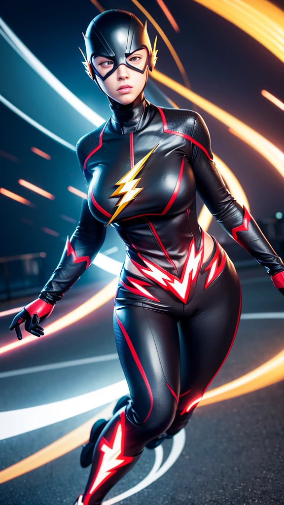 ((Flash woman)) , big breasts , medium hips, (( ultra realistic )), TM Ninja white,Icons, vibrant colors, vector style, digital art, 4k, intricate details, Mesmerizing, professionally made, Beautiful vector Illustration, 12k resolution, ..3d, all characters full-length detailed, ((highly detailed)), ((vibrant)),((Ultra high quality)), ((hyperrealism)), ((photorealism)), [ octan render], in the city, many cars (realistic) Black suit