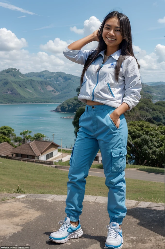 micro hyperrealistic 4D caricature of an Indonesian woman aged 25 yo, long hair, wearing a white and blue jacket, wearing cargo pants, Jordan Air shoes, standing on the earth and the earth looks small, with her hands in her trouser pockets, background Amazing natural view of blue sky and white clouds, pleasant atmosphere, smiling expression, shot from above