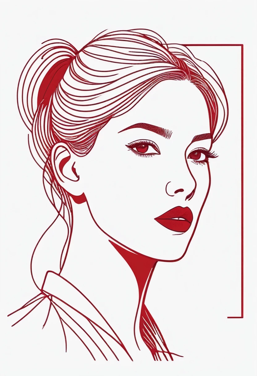 Drawing of a female head of a single working person in a light white and dark red style,Red monochrome line drawing,Flat illustrations,Minimalism,Close-up of the portrait
