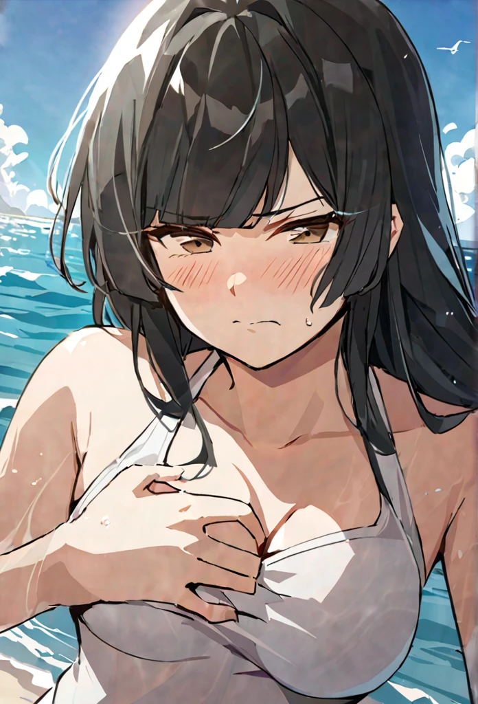 masterpiece,best quality, solo, eda, bangs, black hair, blue sky,cloud, shy expression, blushing expression, embarrassed expression, medium breast, hot, thicc, ocean, water, she is grabing her chest, she was concerned ,she is hiding her chest from others, she is embarassed , she has a medium chest, she is wearing a white swimsuit, serius look, she is wearing swimsuit, she is looking at you, she has serius look on the viewer, closed mouth, she is mild angry at you, sando, cleavage, upper body , she is looking down on you