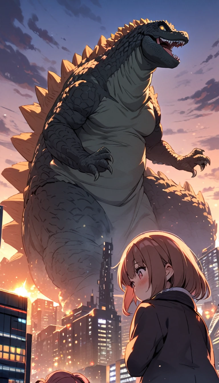 Godzilla, a monster taller than a skyscraper, looks down at the city below，cute，cute，Warmth，Japanese manga artist Tsukasa Hojo&#39;style，depth of field，Overclocked renderer，movie lighting，Ultra-fine，super detailed，CG art