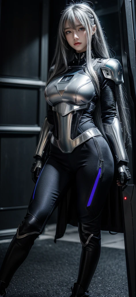 cyber angel,machine wing,laser sword,{{Sci-Fi Armor}},cyber suit,cyberpunk,science fiction,cyber battle armor,Battledress,Military Uniforms,pants,black military uniform,whole body,Height: 168cm,almond shape eyes,{{{{{silver eyes}}}}},{{{{{dull bangs}}}}},(slanted eyes},{{whole body},{{{1 girl}}}, long hair, straight hair,{{{{silver hair}}}},{{{tsurime}}},30 years old,{Medium chest},{{bush}},silver eyes,{{{masterpiece}}}, {{{highest quality}}}, {{Super detailed}}, {shape}, {{very delicate and beautiful}},very detailed,detailed perfect,detailed hyper,Abundant thighs,big ass,black clothes