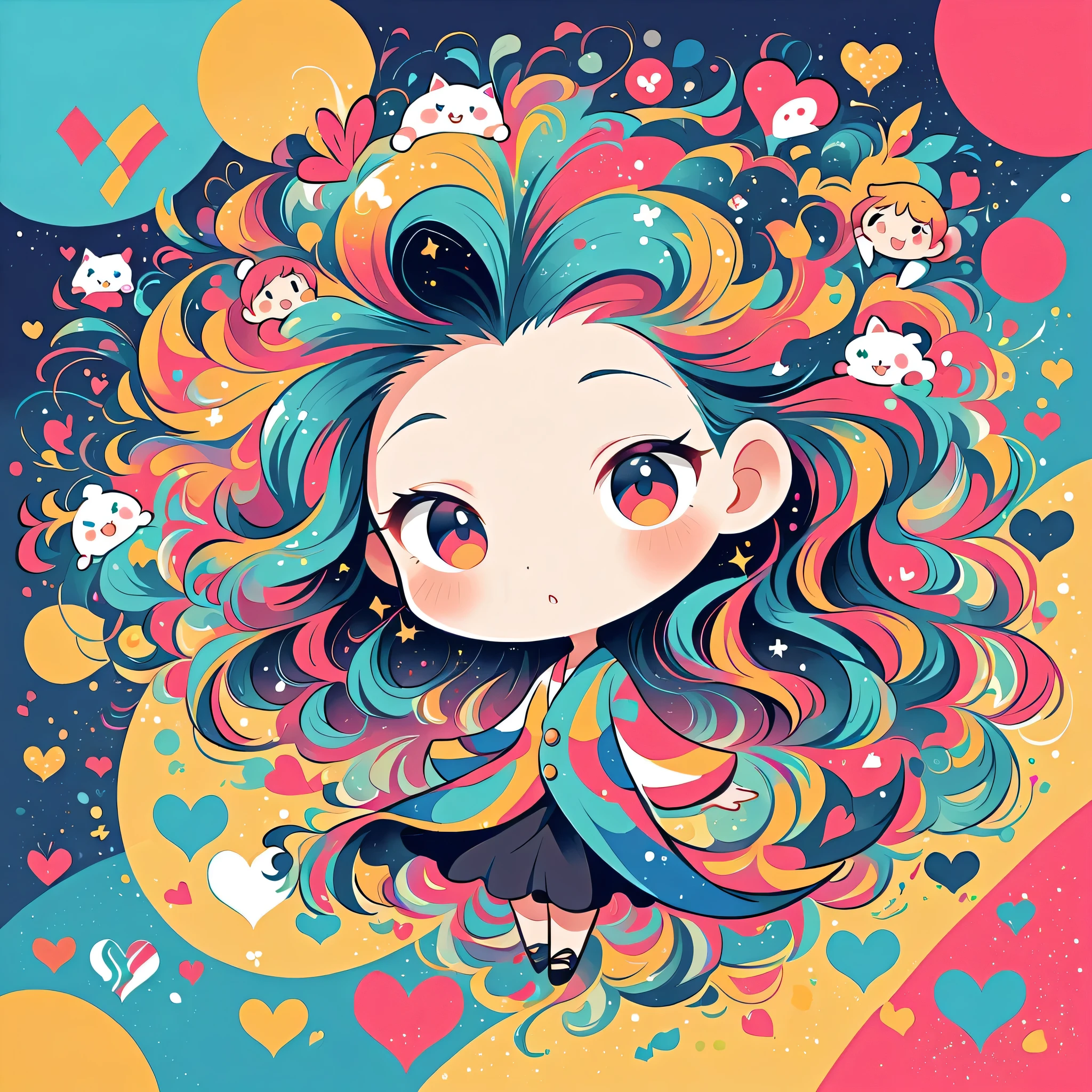 Seizo Watase style, Simple Line Initialism,Abstract art,Urban Background, colorful hearts ,(((The most beautiful girl of all time))), (((chibi))),