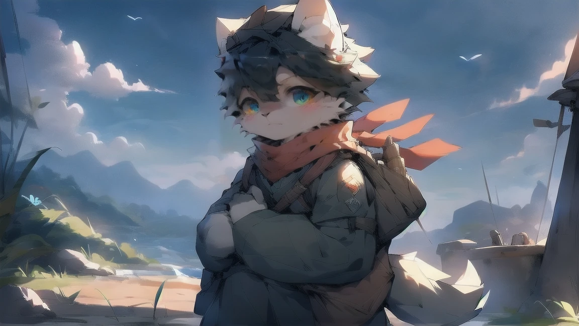 Wolf,Gray fur,black hair,Sky blue eyes,德意志wind格军装,头戴wind镜,The background is a dark battlefield,male,juvenile,,Military cap,Scarf,wind,illumination,Shoulder bag,Carrying a gun