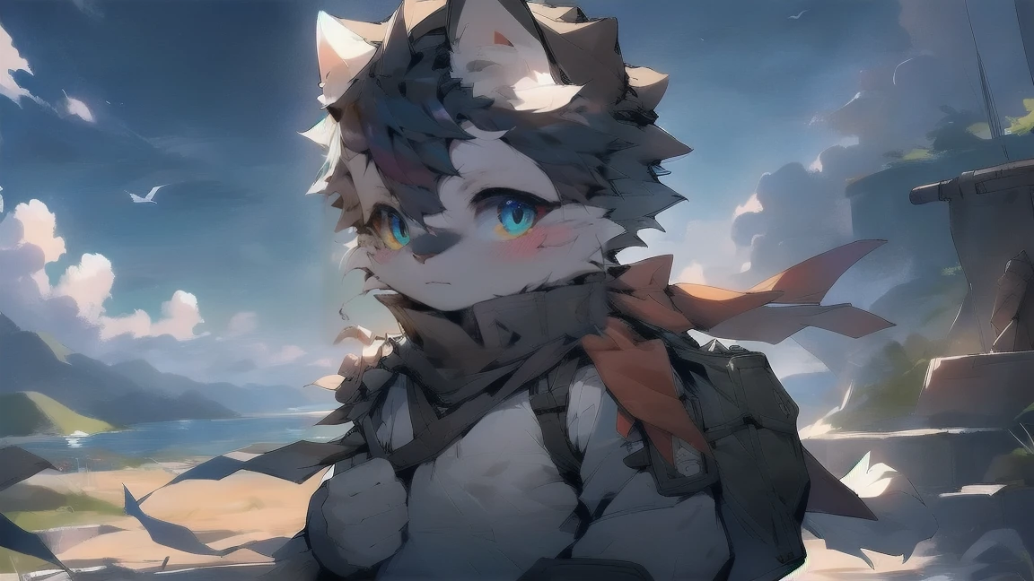 Wolf，Gray fur，black hair，Sky blue eyes，德意志wind格军装，头戴wind镜，The background is a dark battlefield，male，juvenile，，Military cap，Scarf，wind，illumination，Shoulder bag，Carrying a gun