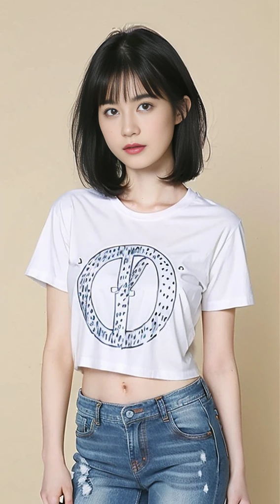 Short black hair:1.2), (20-year-old girl), (exaggerated), (masterpiece), (8KUHD), looking at camera, slender waist, wearing jeans, ((t-shirt)), full, large breasts ( doodle:1.46)