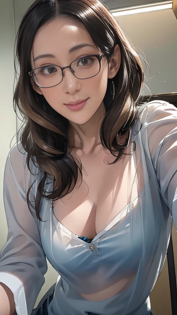 1girl,Brown eyes,see-through secretary,glasses,(looking at viewer:1.2),((face and body straight at the camera)),(embarrassed,wavy mouth),photorealistic,ultra-detailed,unity 8k wallpaper,official art,textile shading,super detailed skin,perfect anatomy,detailed,cinematic lighting,dynamic lighting,beautiful detailed eyes,high resolution,flat breasts,clearly,Sharpness,hinagataakiko,45 years old
