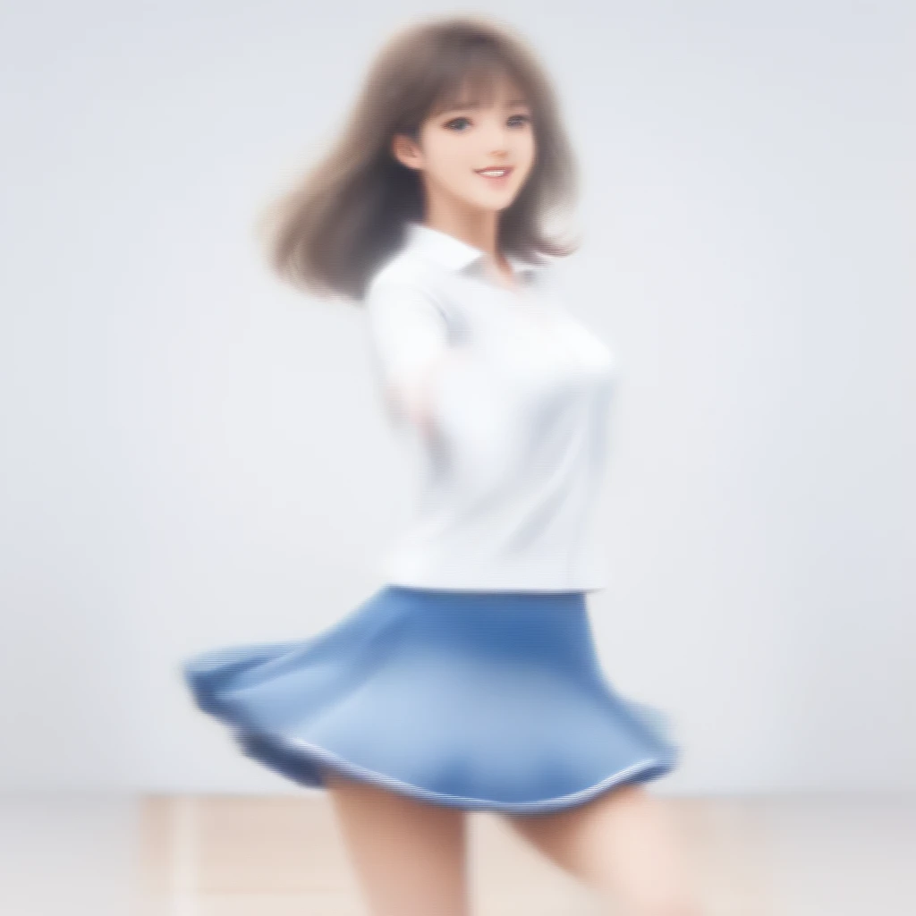 Allafed woman in white shirt and blue skirt holding tennis racket, She is dancing. Realistic, She is dancing, Looks like someone is dancing, as though She is dancing, Desperate dancing pose, Larisa Manovar, Beautiful face with arms and legs, Korean Idol, Smiling and dancing, chic, Dancing in the background, T-pose、Ghibli style