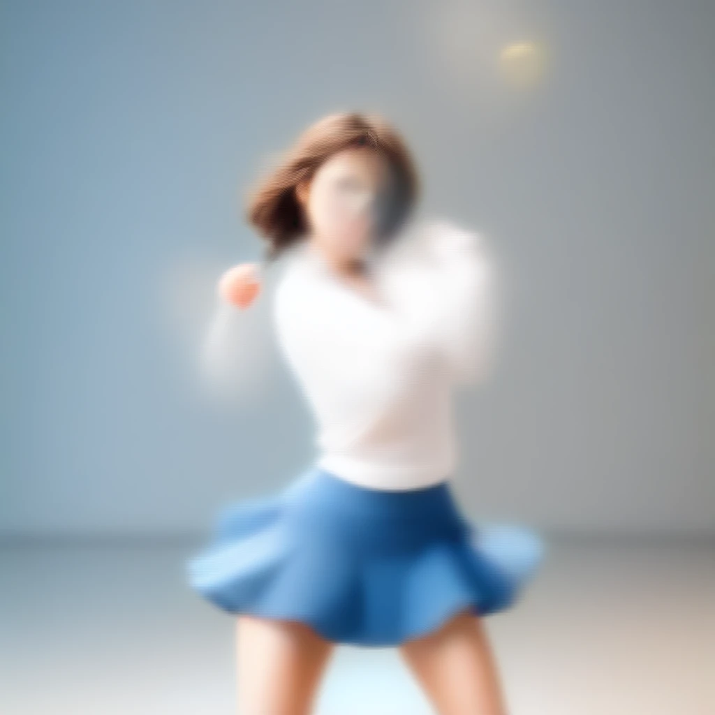 Allafed woman in white shirt and blue skirt holding tennis racket, She is dancing. Realistic, She is dancing, Looks like someone is dancing, as though She is dancing, Desperate dancing pose, Larisa Manovar, Beautiful face with arms and legs, Korean Idol, Smiling and dancing, chic, Dancing in the background, T-pose、Ghibli style