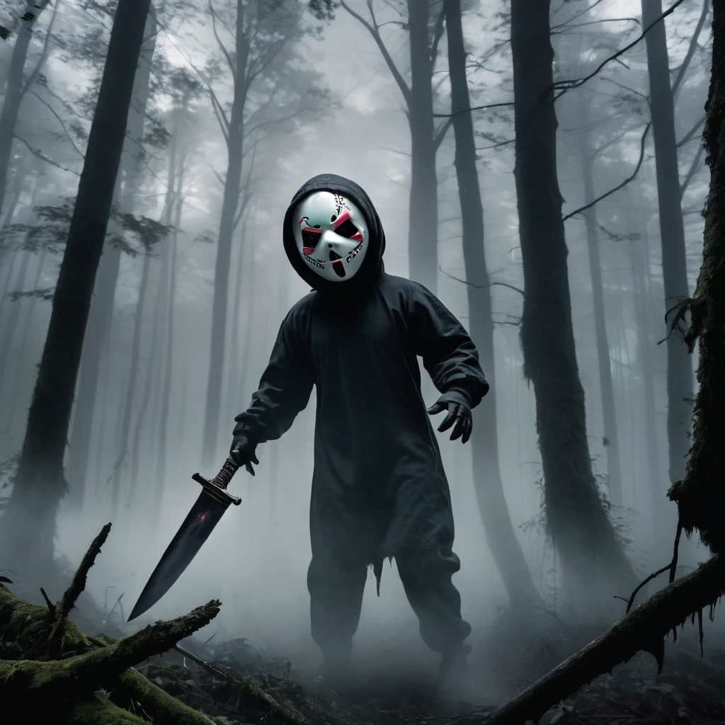 (knitted toy voodoo doll:1.8), (wearing Ghostface mask from Scream:1.5), (standing in dark, creepy forest:1.3), holding small, bloody knife, surrounded by fog and shadows, horror atmosphere, best quality, masterpiece, detailed soft oil painting, detailed background, dramatic cinematic lighting, soft edge lighting, professional, dramatic lighting, hard edge lighting, ultra quality, 4k, masterpiece, best quality, 8k, ultra high definition, high resolution, extremely detailed