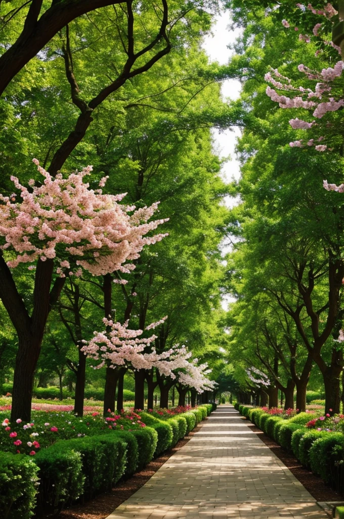 Beautiful tree tunnel,It stretches into a walkway.,Various flowers,Someone.