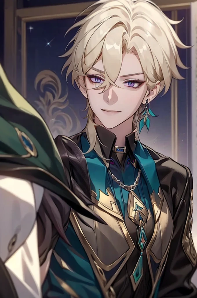 masterpiece, best quality,solo,1boy,hair ornament, jewelry,feather hair ornament,sunlight, blonde hair, aventurine honkai star rail1boy, aventurine, blonde hair, gorgeous, medium hair, (two-tone eyes, purple eyes, blue eyes), best quality, high resolution, materpiece, very detailed, male focus, simple BG, cinematic lighting, smile, Quality,1boy,matured male,Beautiful face