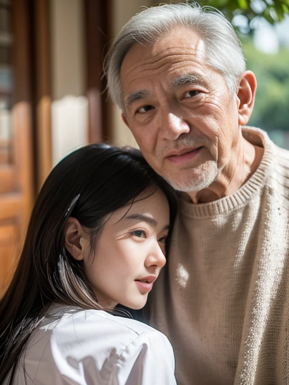 Một người đàn ông Trung Quốc và một phụ nữ trẻ Hàn Quốc đang kiss nhau, age difference, age difference, giant size, ((80 year old man, cao 1m80, bearded, Wrinkles on man's face, muscular body, smiling face, body full of hair, broad shoulders, eo hẹp, 8-pack abs, hug standing, squeeze the girl's chest)), ((18 years old sexy young girl, cao 1m60, small size and skinny, long black hairstyle, face red because of embarrassment, tư thế tình dục, kiss, ngực F cup)), 40 year old man, A young girl, sea, wooden hut, Detailed face, thực tế, ngực, nude, tình dục, see-through tank top, large chest groove, small areola; full body photo, người đàn ông kiss lên cổ cô gái