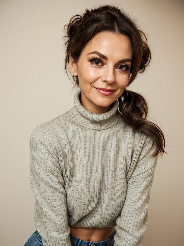 photo of a very old wrinkly faced mature brunette prostitute with fake eyelashes and plump enhanced lips, messy long hair thrown into a messy bun ponytial. She wears: (turtleneck soft high ribbed keyhole chest cutout sweater:1.1), submissive seductive pose, high tight ribbed neck, seductive smile, perfect fake tits