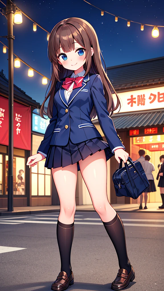 {Highest quality], [Super beautiful], [Ultra fine], [Best illustration], NSFW,Brown Hair, Hime cut, Long Hair, With bangs, girl,high school student,uniform,blazer,skirt,smile, blush, Slender women, Adult women,Standing posture,(Public),Night Park,Summer festival,diagonal, Navy blue knee socks,Black Loafers