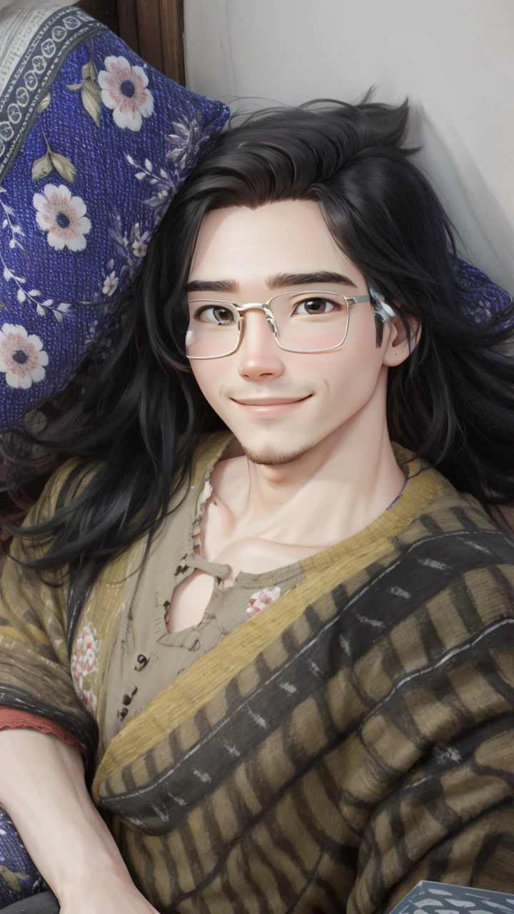bestquality, 1 person read the book, bara, Cartoon Image , simple background, I'm second to blog.., Wear glasses,Smiling joyfully