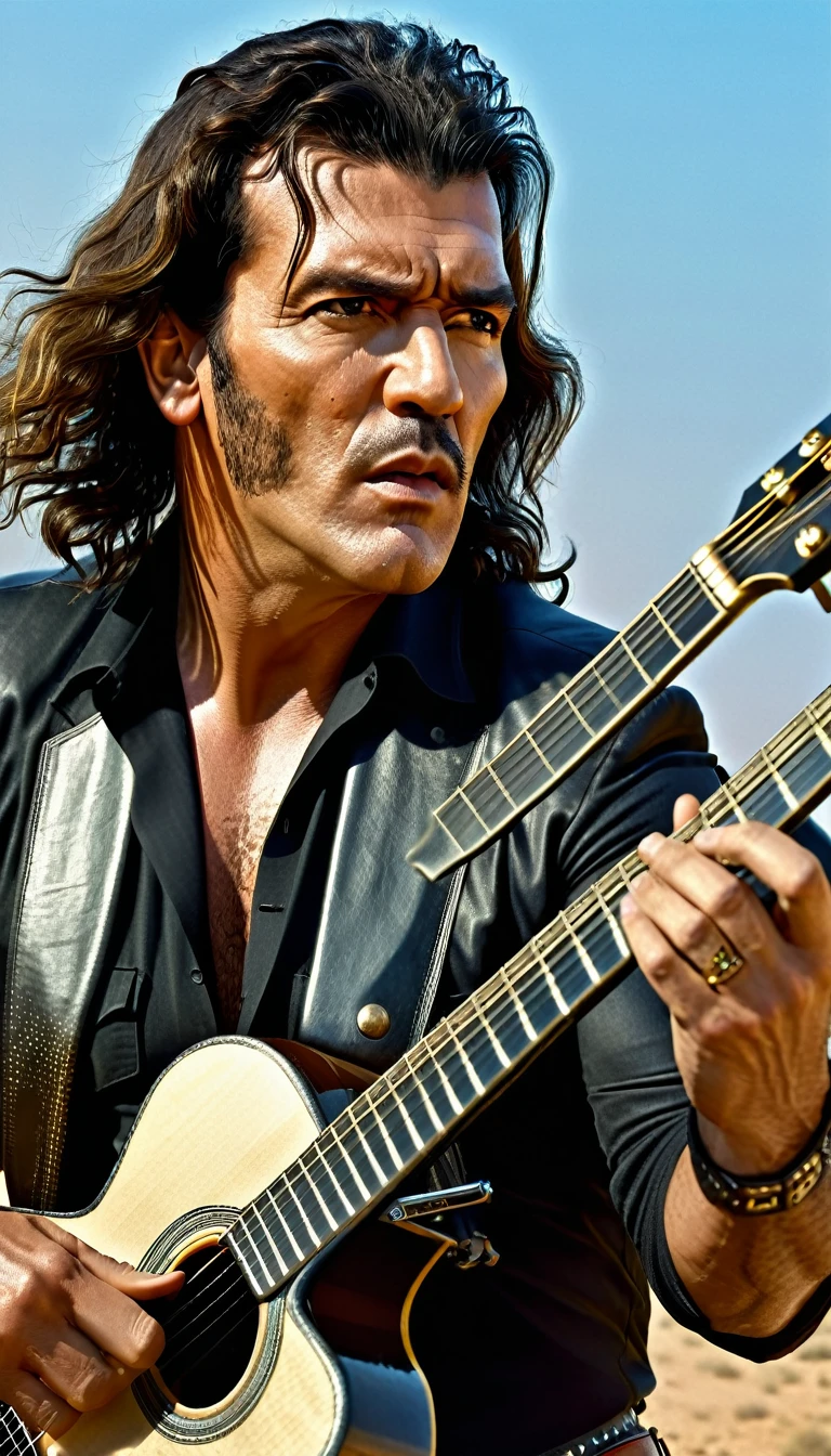 Desperado movie, guitarist (Antonio Banderas: 1.2) shoots the guitar like a machine gun, detailed environment, detailed guitar, masterpiece, photorealistic, 8k, hyper detailed, detailed facial features, beautiful detailed eyes, beautiful detailed lips, extremely detailed face, long hair, full body view