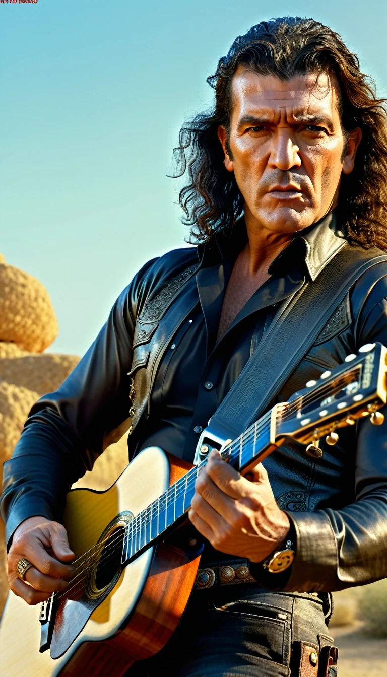 Desperado movie, guitarist (Antonio Banderas: 1.2) shoots the guitar like a machine gun, detailed environment, detailed guitar, masterpiece, photorealistic, 8k, hyper detailed, detailed facial features, beautiful detailed eyes, beautiful detailed lips, extremely detailed face, long hair, full body view