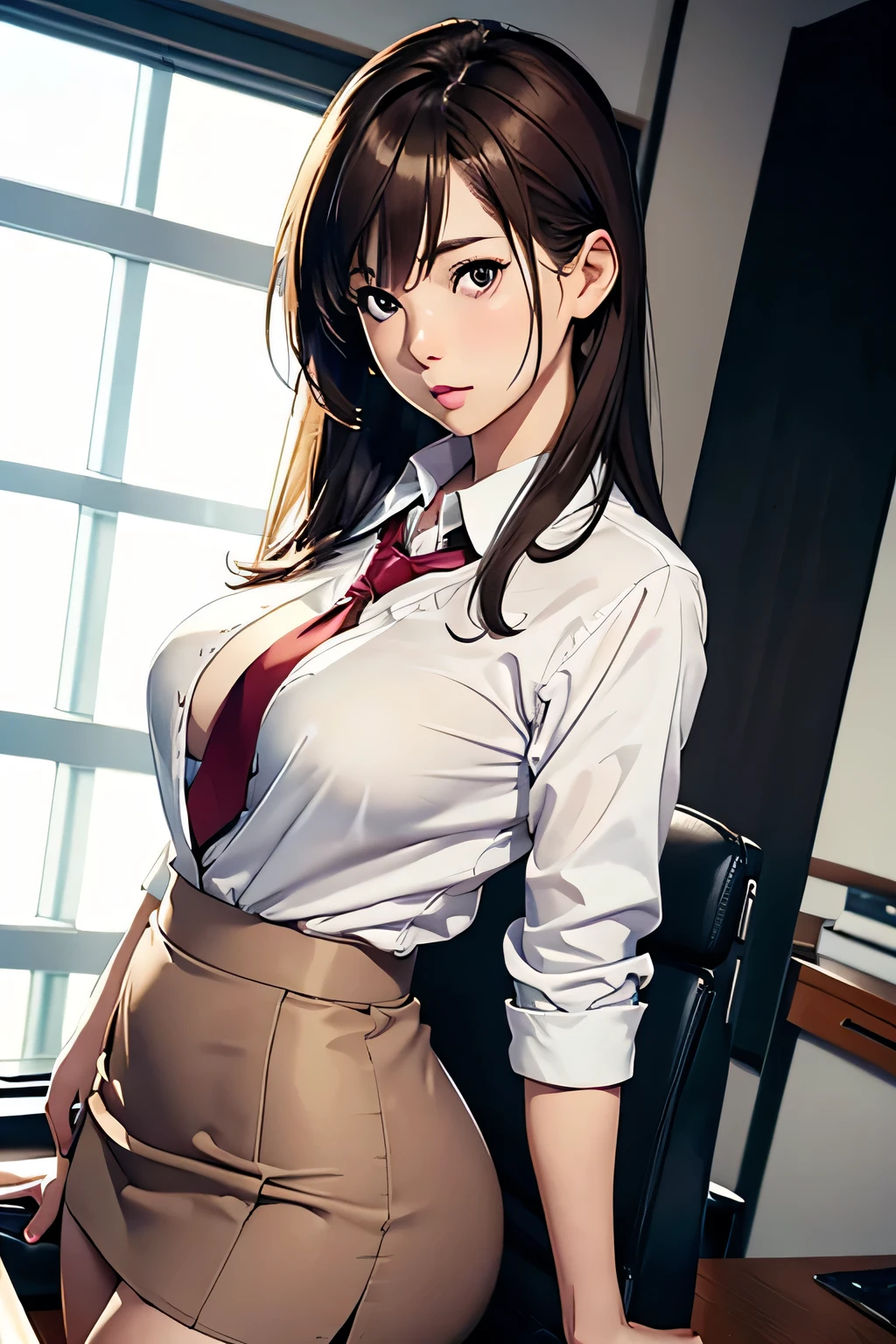 japanese, solo, large breasts, brown hair, embarrassed, (natural make:1.2), dynamic angle, high res, (photo realistic:1.2), (highly detailed:1.1), desk, Tight skirt , business suit, white shirt, office chair,(computer), detail brassiere, delicate background, bokeh, professional lighting, physically-based rendering), ((backshot)), slim, sexy, ((stick out butt)),