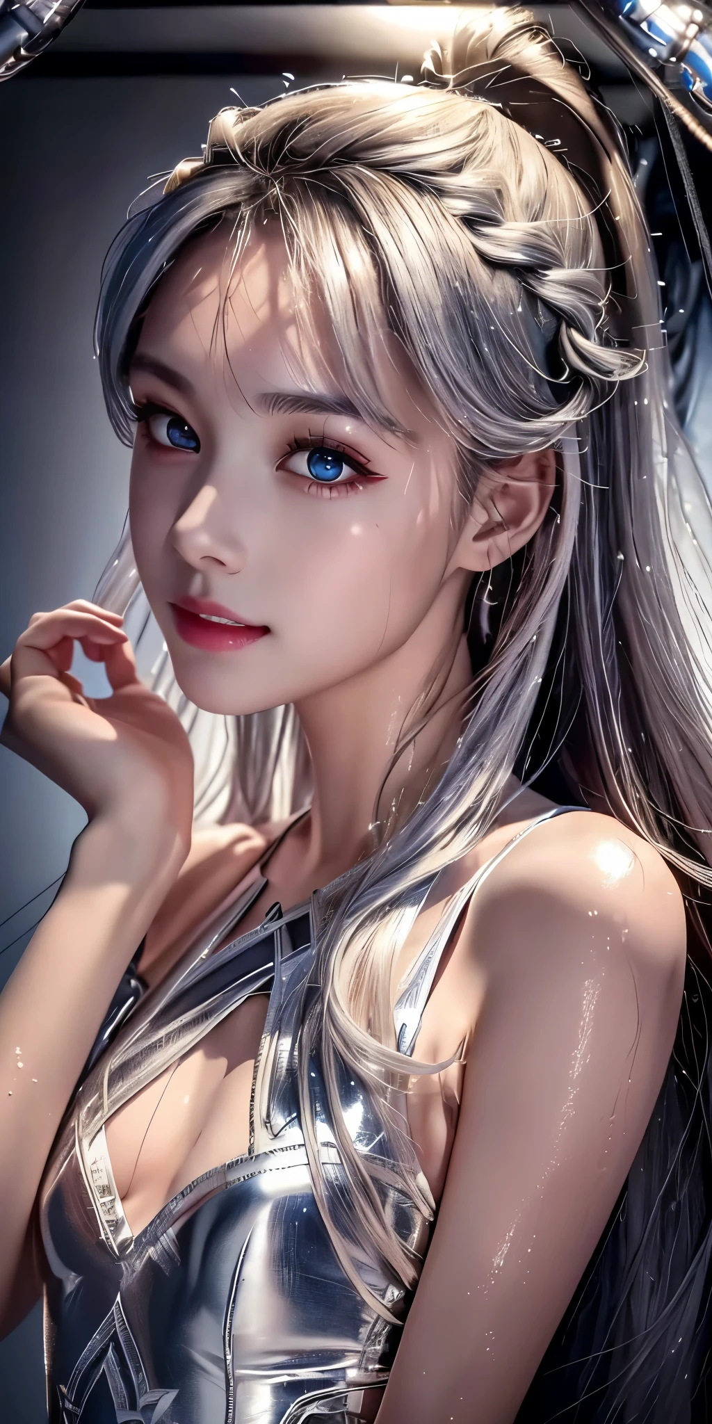 ((masterpiece、best quality))、shape、super detailed、8k、actual、sharp focus、Very detailed、professional lighting、spotlight、Colorful details、Detailed texture,A stunningly beautiful girl,Wearing a transparent cheongsam,(most suitable hairstyle:1.4)、(in the most helpful way:1.3)、(Half-length photo:1.4)、big breasts、perfect style、Body、18 years old、Smile、