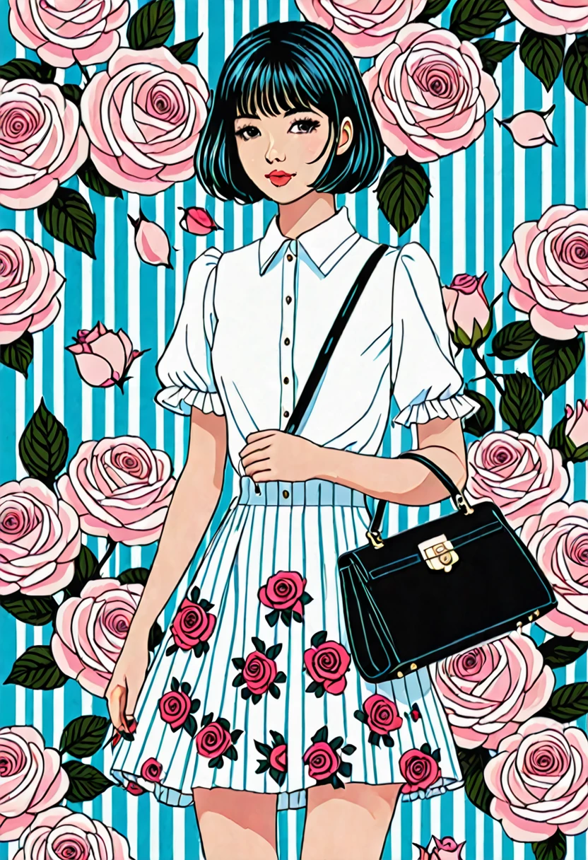 A cute illustration of an anime girl in white dress and black shoes walking towards us, holding a small handbag with roses pattern on the front cover page. The background is blue striped wallpaper with pastel pink flowers and large floral patterns scattered around her. She has short hair styled to one side, wearing delicate gloves and standing next to several elegant bags. There's also text at top that reads "Fantasista"