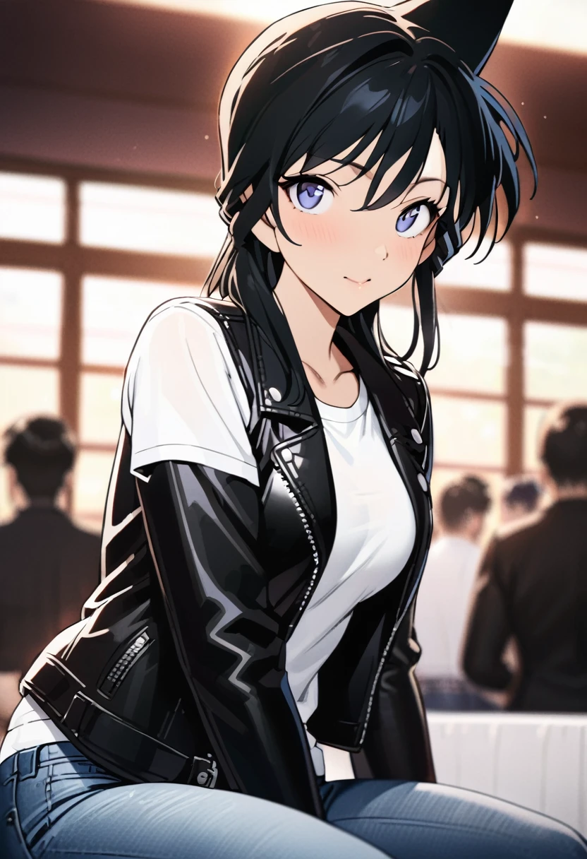 (Best Quality, Masterpiece,  Depth of Field: 1.4), a beautiful  female, single,(black hair，Black leather jacket, white T-shirt, jeans, boots: 1.2)