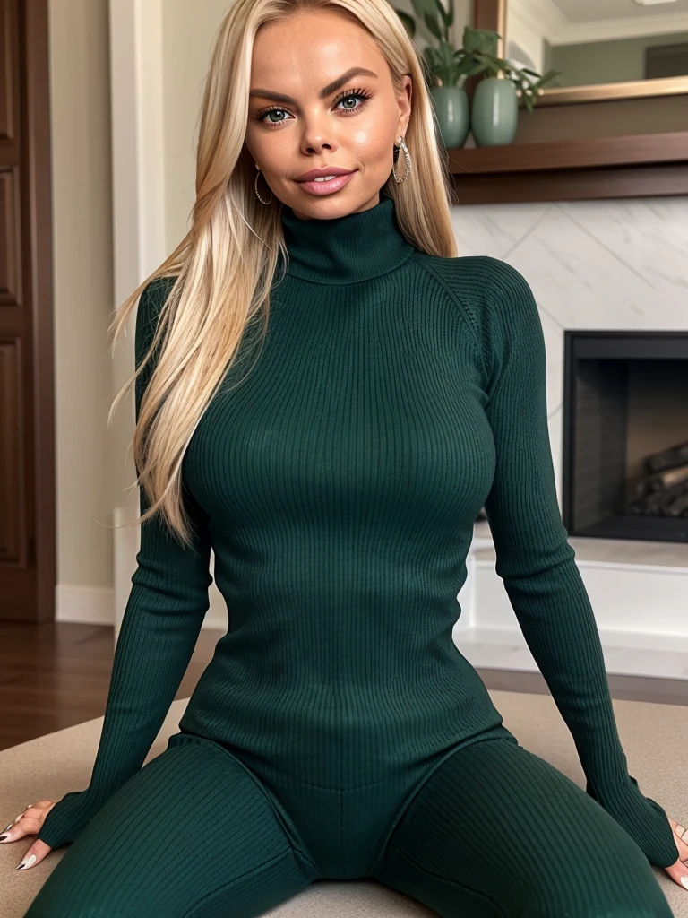 (JesseJane_v1:1.0), She wears: (a long sleeve turtleneck tight high neck ribbed dark green sweater:1.1) she is crying, rock hard fake tits, diamond necklace, perched on the table sat with her legs spread apart