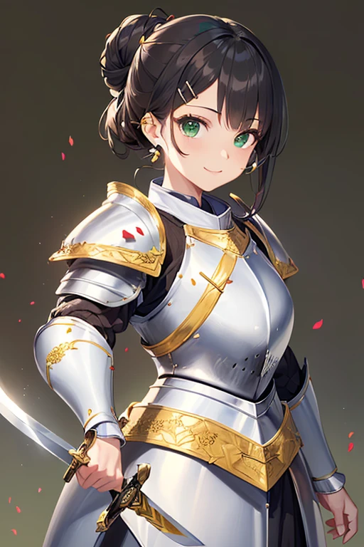 ((Masterpiece: 1.3)), ((Highest quality: 1.2)), ((Very detailed: 1.4)), One Girl, ((Black Hair: 1.1)), ((Updo: 1.1)), Hair Bun, ((White plate armor: 1.7)), Armor in the shape of a flower petal motif, (((Woman warrior))), Green Eyes, Smile, ((Simple Background: 1.1)), (A hairpin in the shape of a sword: 1.6), (Green earrings: 1.1), tsurime