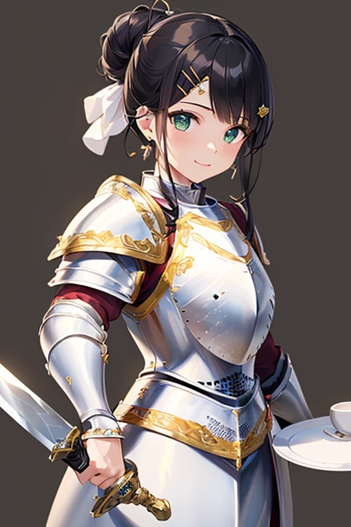 ((Masterpiece: 1.3)), ((Highest quality: 1.2)), ((Very detailed: 1.4)), One Girl, ((Black Hair: 1.1)), ((Updo: 1.1)), Hair Bun, ((White plate armor: 1.7)), Armor  in the shape of a flower petal motif, (((Woman warrior))), Green Eyes, Smile, ((Simple Background: 1.1)), (A hairpin in the shape of a sword: 1.6), (Green earrings: 1.1), tsurime