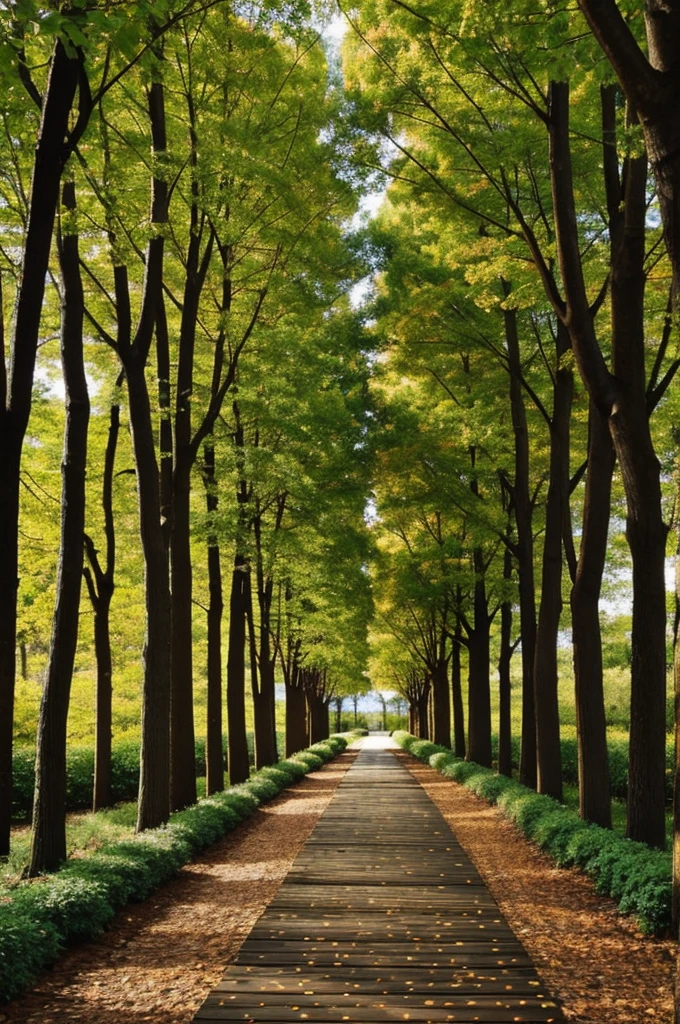 wood color drawing,Beautiful tree tunnel,It stretches into a walkway.,Various flowers,Someone.