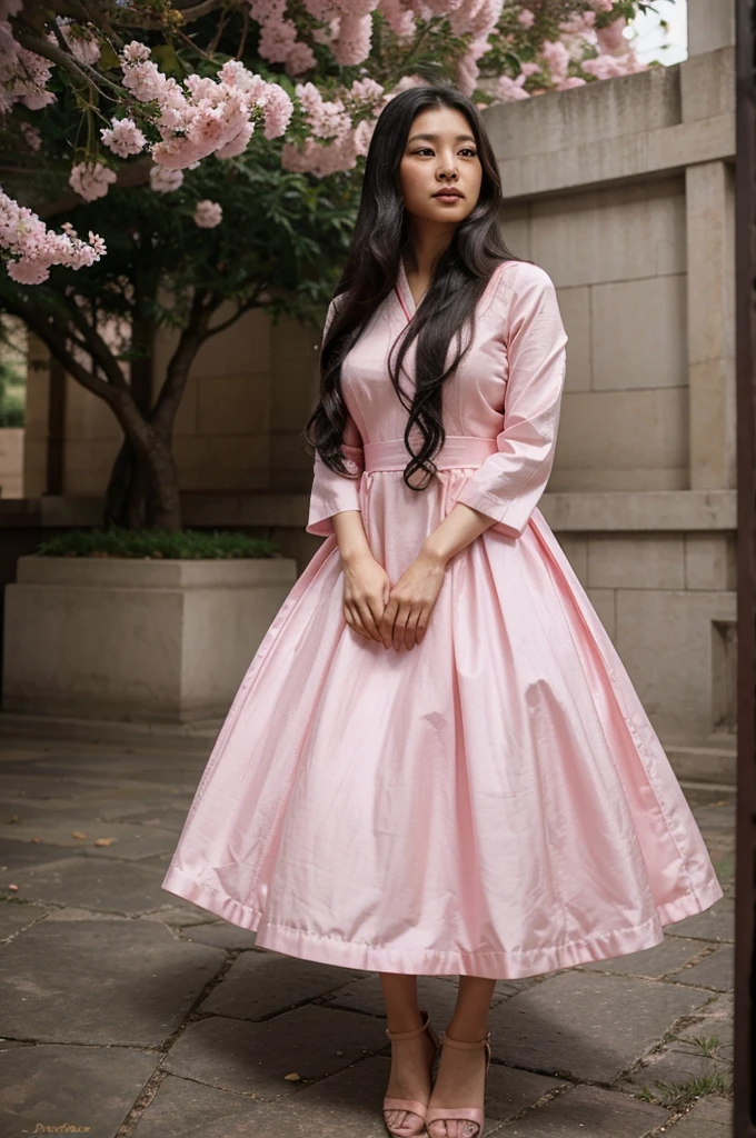Princess Asian woman name andjani, Wearing a beautiful pink dress , black long hair