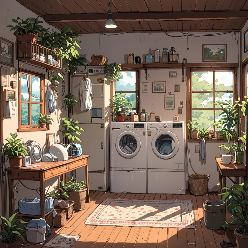 ((anime:1.4,illustration)),(masterpiece, top quality, best quality),(ultra-detailed, absolutely resolution),((16k, high res)),

(((cozy lofi laundry room. The room should have a warm, inviting atmosphere with soft, dim lighting. Include vintage-style washing machines and dryers, with clothes hanging on a line or neatly folded in baskets. The walls should have a muted color palette, with some plants and simple wall art to add to the relaxing vibe. Add details such as a comfy chair with a small table, a record player playing lofi music, and some ambient elements like a steaming mug of tea or a small radio. The overall scene should be peaceful and nostalgic, perfect for unwinding and enjoying a quiet moment.))), 

((cosy lofi illustration:1.4)), ((anime:1.4, illustration)),(masterpiece, top quality, best quality),(ultra-detailed, absolutely resolution),((16k, high res)) BREAK {lofi art, style of Laurie Greasley, style of Makoto Shinkai, anime aesthetic}, BREAK { (produces images with information than 40 million pixels with cinematic-like detailed textures shot on a Sony SLR).}