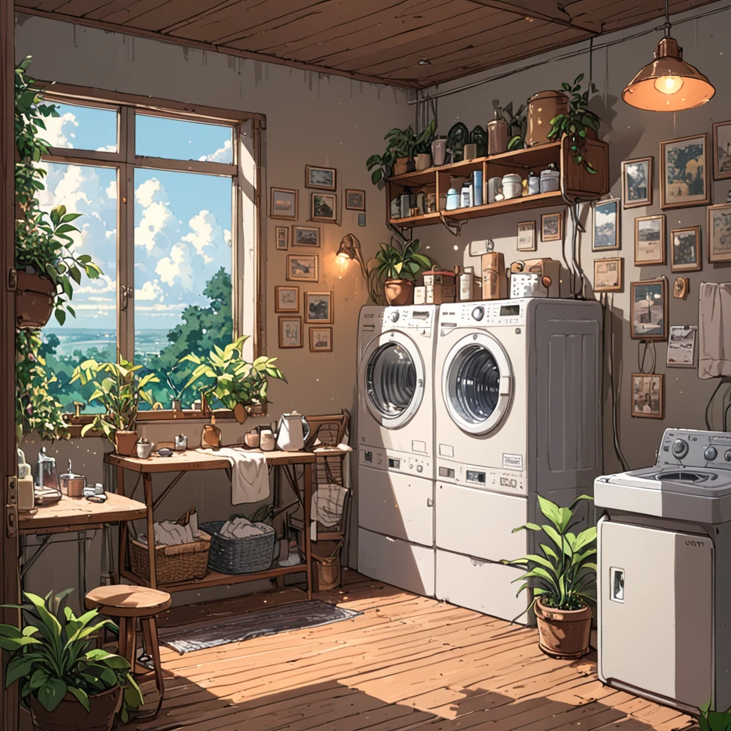 ((anime:1.4,illustration)),(masterpiece, top quality, best quality),(ultra-detailed, absolutely resolution),((16k, high res)),

(((cozy lofi laundry room. The room should have a warm, inviting atmosphere with soft, dim lighting. Include vintage-style washing machines and dryers, with clothes hanging on a line or neatly folded in baskets. The walls should have a muted color palette, with some plants and simple wall art to add to the relaxing vibe. Add details such as a comfy chair with a small table, a record player playing lofi music, and some ambient elements like a steaming mug of tea or a small radio. The overall scene should be peaceful and nostalgic, perfect for unwinding and enjoying a quiet moment.))), 

((cosy lofi illustration:1.4)), ((anime:1.4, illustration)),(masterpiece, top quality, best quality),(ultra-detailed, absolutely resolution),((16k, high res)) BREAK {lofi art, style of Laurie Greasley, style of Makoto Shinkai, anime aesthetic}, BREAK { (produces images with information than 40 million pixels with cinematic-like detailed textures shot on a Sony SLR).}