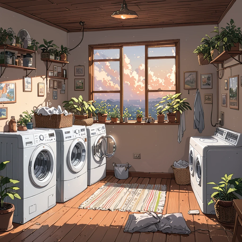 ((anime:1.4,illustration)),(masterpiece, top quality, best quality),(ultra-detailed, absolutely resolution),((16k, high res)),
(((cozy lofi laundry room. The room should have a warm, inviting atmosphere with soft, dim lighting. Include vintage-style washing machines and dryers, with clothes hanging on a line or neatly folded in baskets. The walls should have a muted color palette, with some plants and simple wall art to add to the relaxing vibe. Add details such as a comfy chair with a small table, a record player playing lofi music, and some ambient elements like a steaming mug of tea or a small radio. The overall scene should be peaceful and nostalgic, perfect for unwinding and enjoying a quiet moment.))),
((cosy lofi illustration:1.4)), ((anime:1.4, illustration)),(masterpiece, top quality, best quality),(ultra-detailed, absolutely resolution),((16k, high res)) BREAK {lofi art, style of Laurie Greasley, style of Makoto Shinkai, anime aesthetic}, BREAK { (produces images with information than 40 million pixels with cinematic-like detailed textures shot on a Sony SLR).}