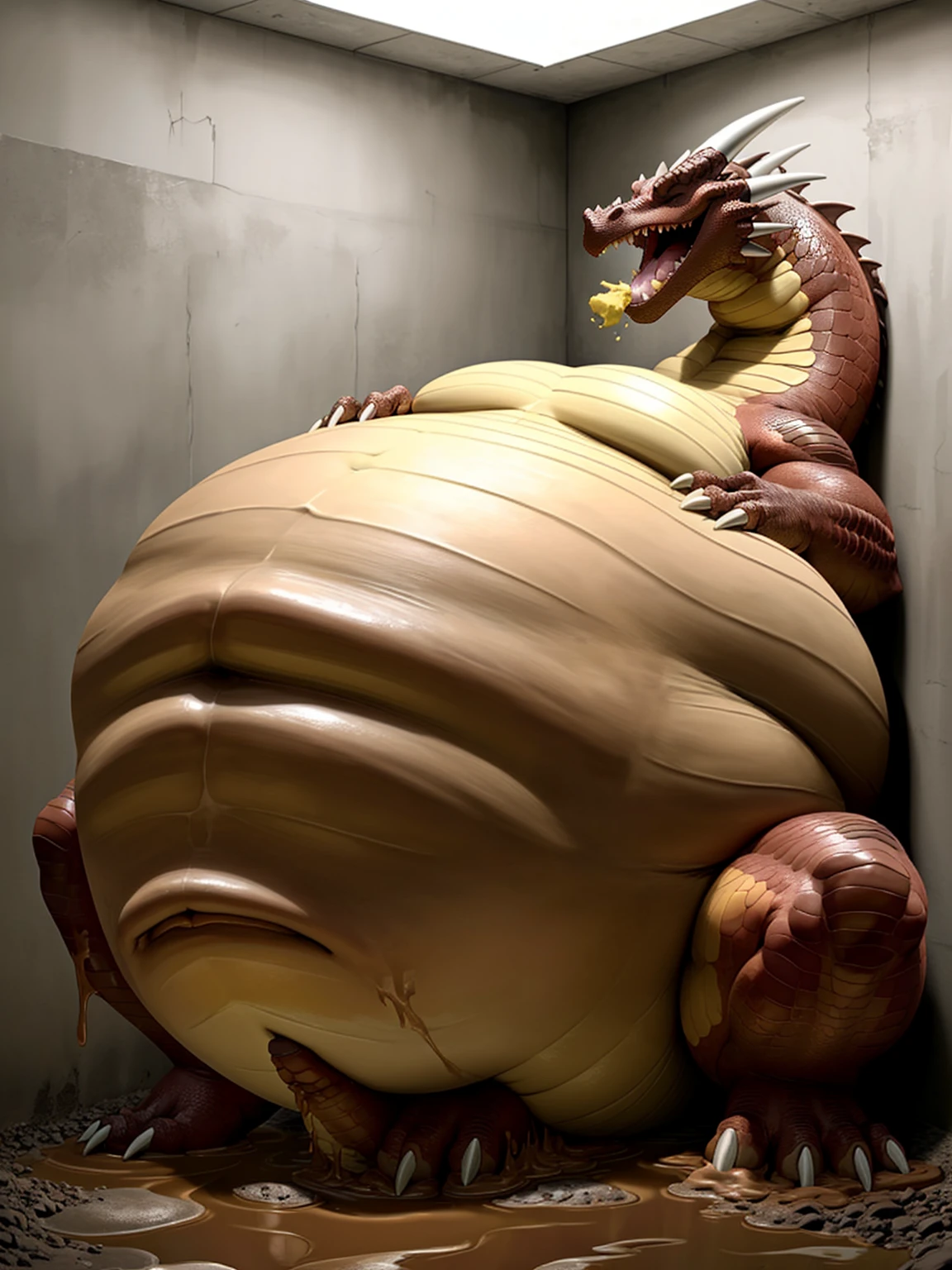 Very Obese Red Dragon、Reddish-brown crocodile-like scales、A dragon having a very loud burp、Yellow Breath、Composition looking up from diagonally below、Hands touching belly、Very short legs、A pile of mud、Sharp toenails、Face facing up、Angry dragon face、Eyes closed、Abnormally obese abdomen、A fat underbelly that spreads to the ground、Abnormally obese abdomen、Very obese face、Abnormally fatty neck、A belly as swollen as a mountain、Wide open mouth expression、A body that fills the screen、Concrete Background、In a very small room、A lot of water overflowing from the mouth、muddy room