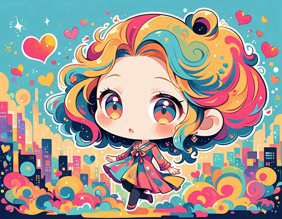 Seizo Watase style, Simple Line Initialism,Abstract art,Urban Background, colorful hearts , (((The most beautiful girl of all time))), (((chibi))),