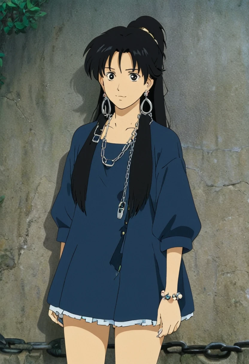 A Ghibli's studio character. With messy black hair and dark large clothes. she wear very noticeable earrings. She is chained 