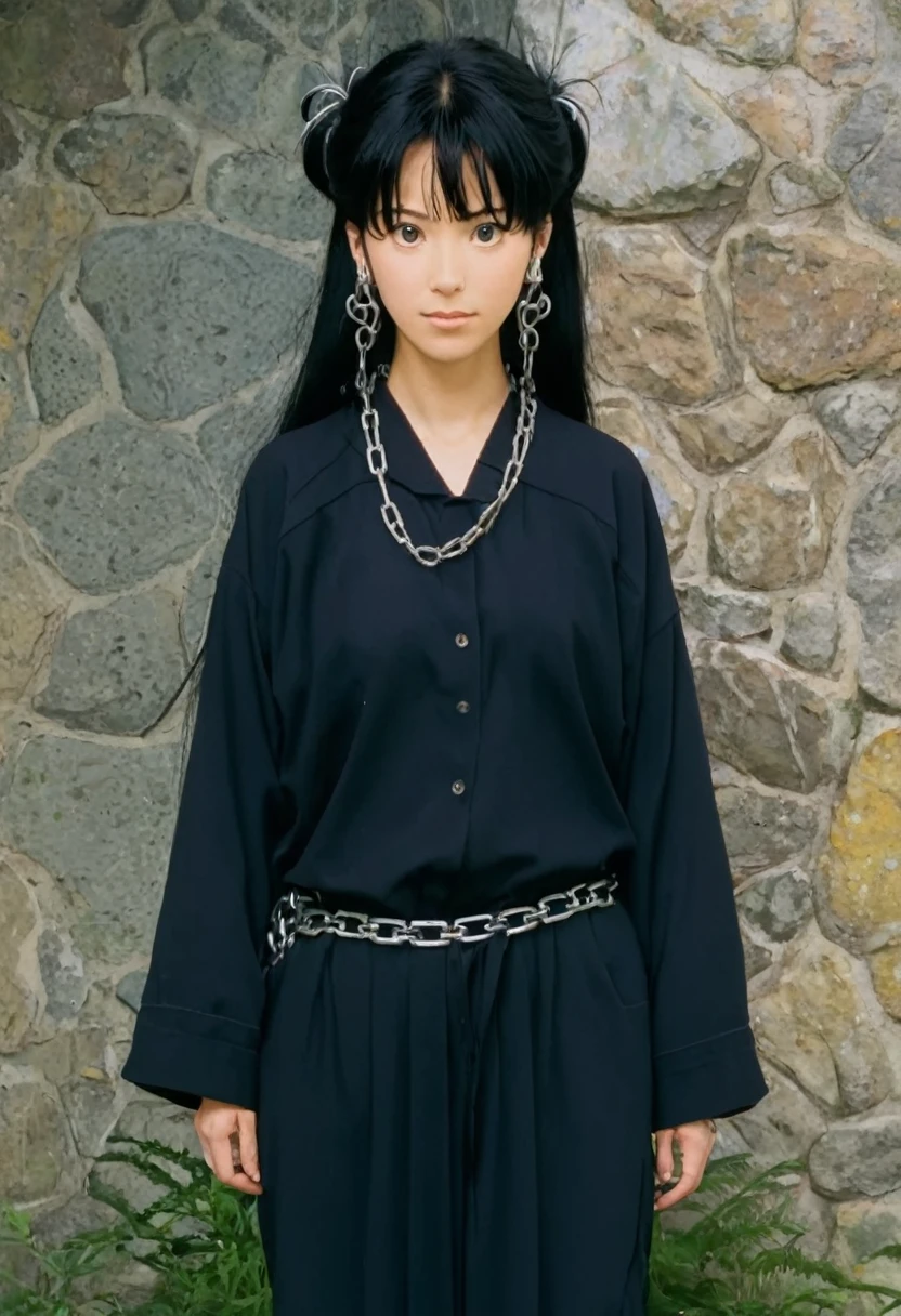 A Ghibli's studio character. With messy black hair and dark large clothes. she wear very noticeable earrings. She is chained