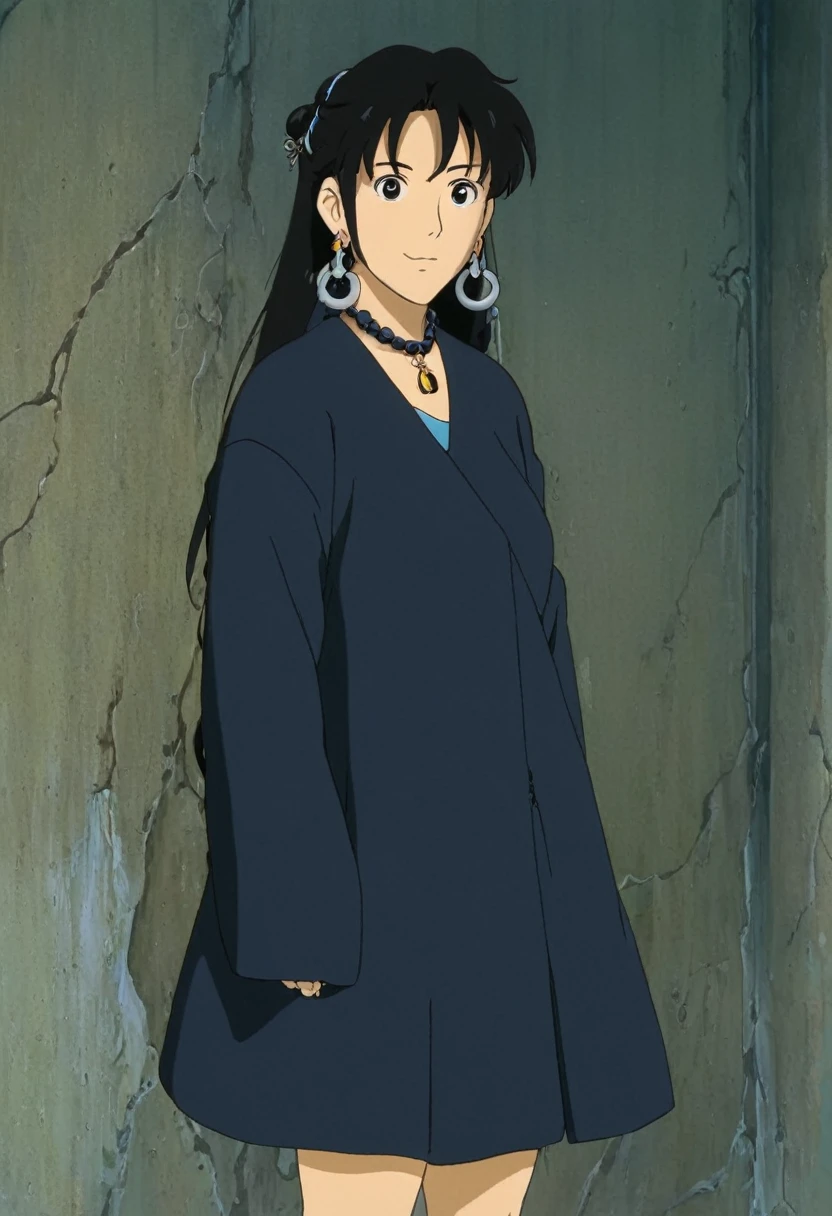 A Ghibli's studio character. With messy black hair and dark large clothes. she wear very noticeable earrings. She is chained