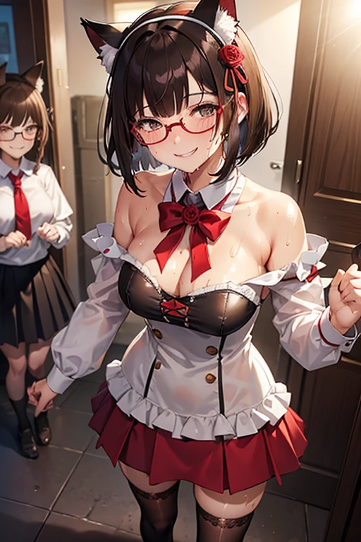 18 yeas old, girl, brown hair, bob cut, Straight bangs, slim, big tits, narrow red eyes, cute, cat ears, glasses,
(embarrassed, blush:1), (ecstasy:0.6), (think:1.8), (smile:1.5), (sweat:1.6), beautiful nipple inside ruffle shirt, layered pleated skirt, braless, see-through, ribbon, fishnet, frills, Kneesocks, , rose, headdress, loafers,
handcuffs, frontal, standing, centet of attention, alley, night, spotlight