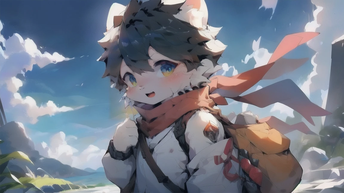 White Wolf，Gray fur，black hair，Sky blue eyes，德意志wind格军装，头戴wind镜，The background is a dark battlefield，male，juvenile，成熟的juvenile，Military cap，Scarf，wind，illumination，Shoulder bag，Carrying a gun，Blue sky and white clouds