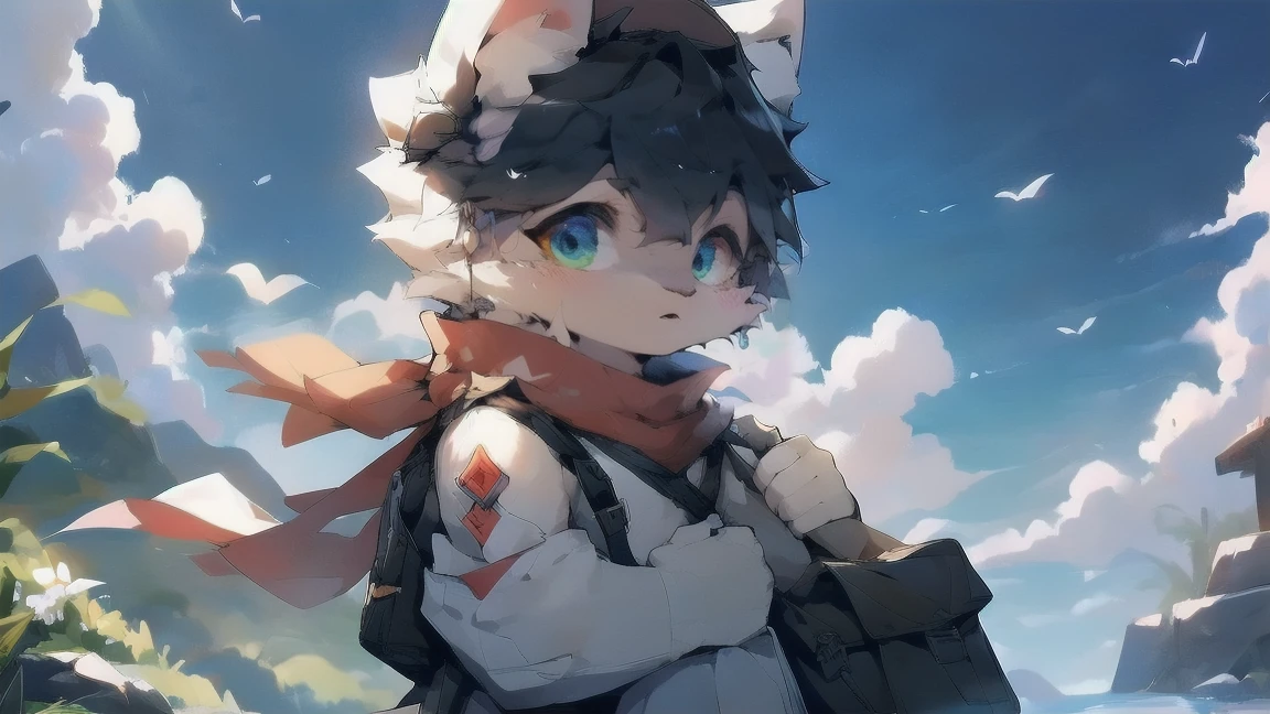 White Wolf,Gray fur,black hair,Sky blue eyes,德意志wind格军装,头戴wind镜,The background is a dark battlefield,male,juvenile,成熟的juvenile,Military cap,Scarf,wind,illumination,Shoulder bag,Carrying a gun,Blue sky and white clouds