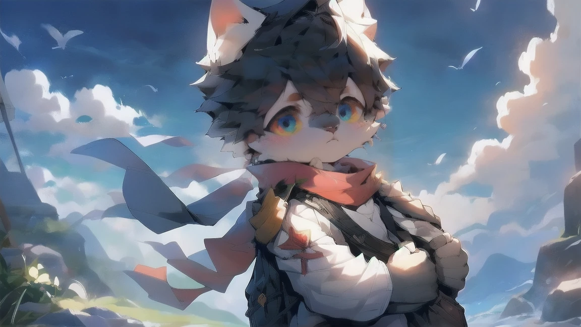 White Wolf,Gray fur,black hair,Sky blue eyes,德意志wind格军装,头戴wind镜,The background is a dark battlefield,male,juvenile,成熟的juvenile,Military cap,Scarf,wind,illumination,Shoulder bag,Carrying a gun,Blue sky and white clouds
