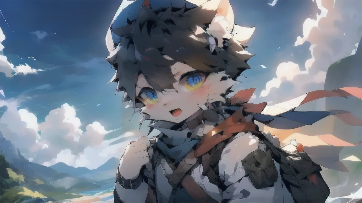 White Wolf，Gray fur，black hair，Sky blue eyes，德意志wind格军装，头戴wind镜，The background is a dark battlefield，male，juvenile，成熟的juvenile，Military cap，Scarf，wind，illumination，Shoulder bag，Carrying a gun，Blue sky and white clouds