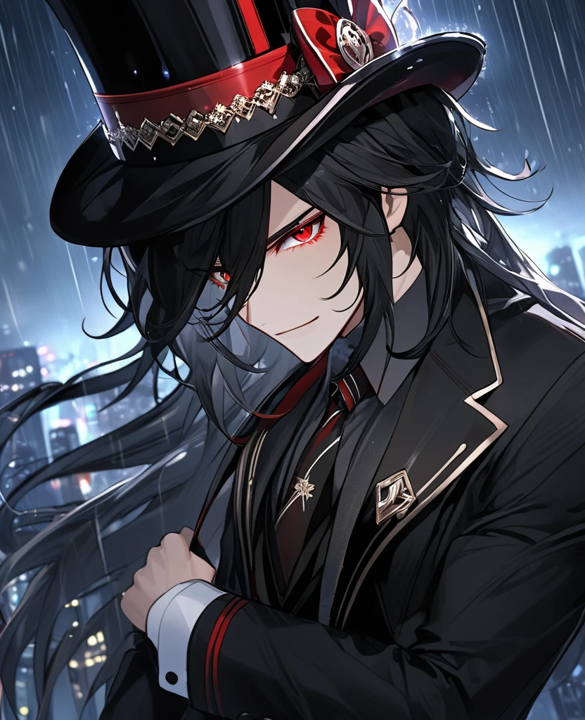  (black_hair), (red_crimson_eyes), (detailed_eyes), (Emotionless), (top_hat), (crazy_attractive), (night_city_background), (raining), (glowing_eyes), (male), (wearing _a_black_suit), (long_male_hair), (detailed_Hair), (detailed_tophat), (detailed_mouth), (hand_grabbing_hat), (detailed_hands)