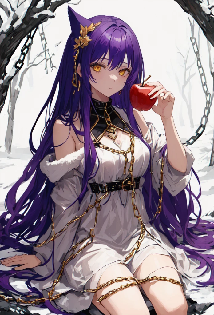 beautiful girl, purple hair, long hair, yellow eyes, (chained), apel, eat apple, winter, tattered clothes, white dress, golden chains