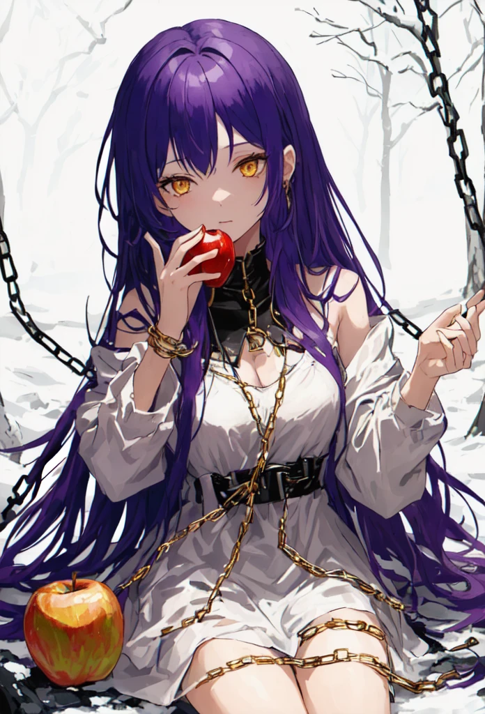 Fenrir, ((eat apple)), sit down, Chained, winter, outdoor, white dress, tattered clothes, purple hair, dark purple hair, golden chain, upper body, 