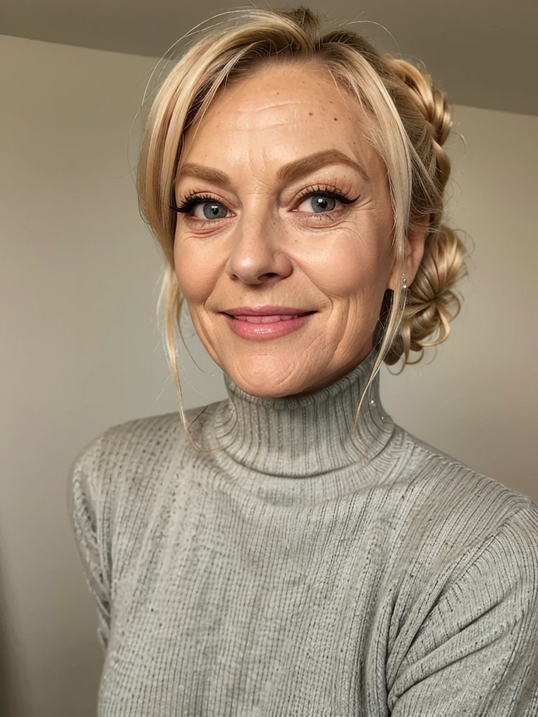 photo of a very old wrinkly faced blonde prostifake eyelashes and plump enhanced lips, messy long hair thrown into a messy bun ponytial. She wears: (turtleneck soft high ribbed keyhole chest cutout sweater:1.1), submissive seductive pose, high tight ribbed neck, seductive smile, perfect fake tits