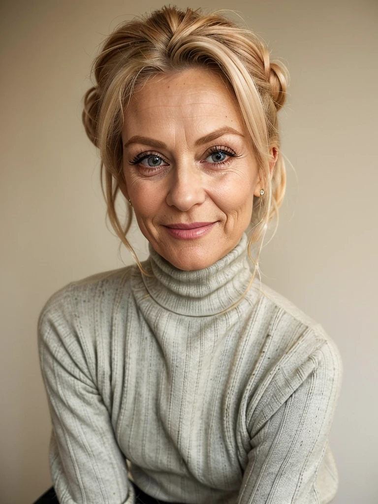 photo of a very old wrinkly faced mature blonde prostitute with fake eyelashes and plump enhanced lips, messy long hair thrown into a messy bun ponytial. She wears: (turtleneck soft high ribbed keyhole chest cutout sweater:1.1), submissive seductive pose, high tight ribbed neck, seductive smile, perfect fake tits