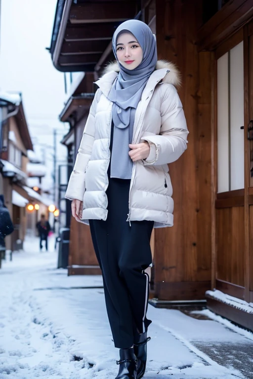 Best quality, 4K, 8K, Detailed faces,fully body photo, Clear face, Japanese muslim girl, 21 years old girl, Perfect body figure, Long slim legs, Pasmina hijab, Long down jacket with hood, Fur trim jacket, White jacket, Snowy Tokyo background 